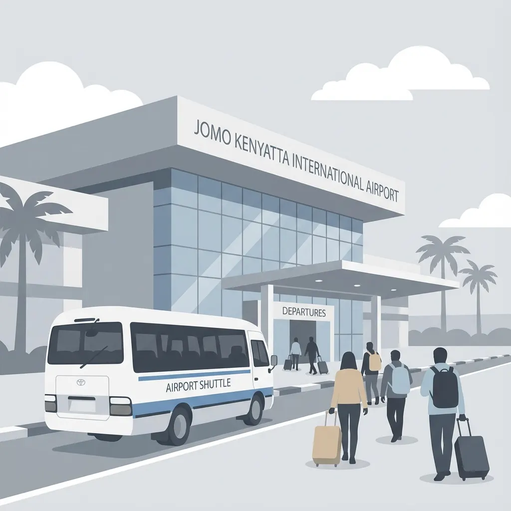 Illustration of the airport shuttle outside Jomo Kenyatta International Airport (JKIA) in Nairobi