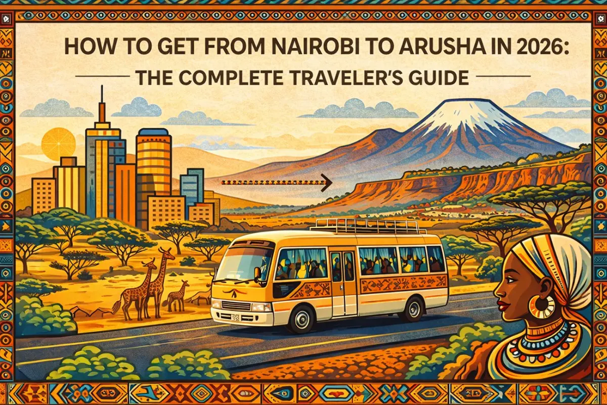 Illustration of a shuttle bus travelling from Nairobi towards Mount Kilimanjaro: how to get from Nairobi to Arusha in 2026