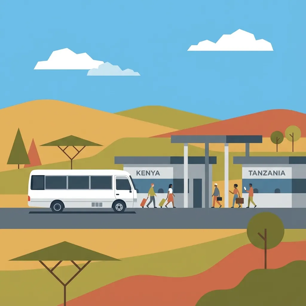 Illustration of shuttle passengers walking between the Kenya and Tanzania border posts at Namanga