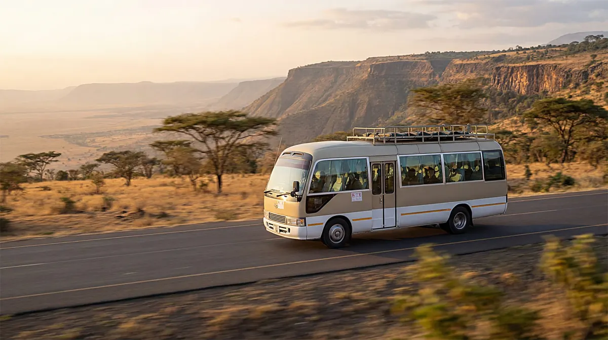 Toyota Coaster shuttle bus on the Nairobi to Arusha highway below the Rift Valley escarpment
