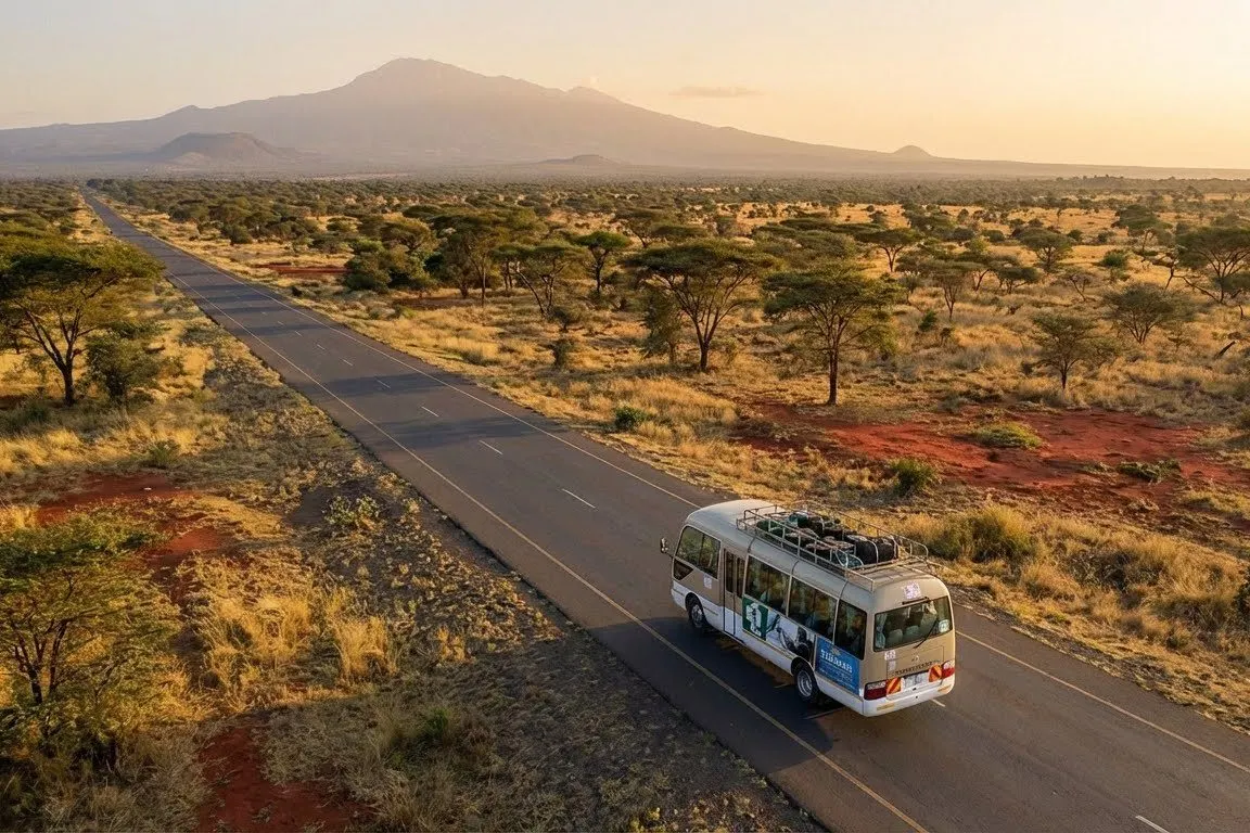 Aerial view of a shuttle bus on the road through the savannah towards Mount Kilimanjaro
