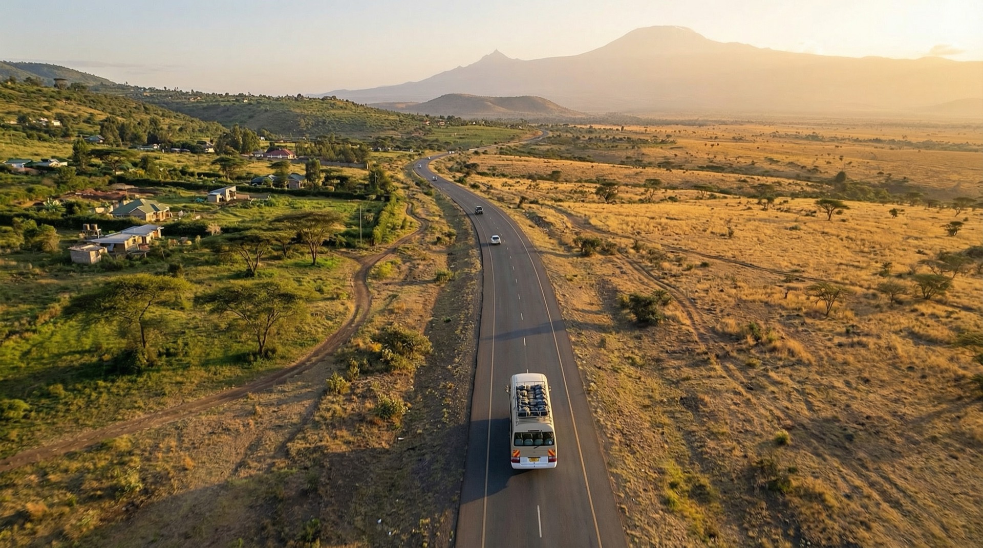 A Riverside shuttle on the open highway between Nairobi and Arusha at golden hour, with acacia savannah and distant hills.